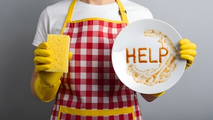 A person in yellow gloves and a red and white checkered apron holds a sponge and a dirty plate with the word HELP written in food residue