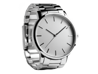 Silver watch with a simple dial and metal band on a transparent background, showing time-telling mechanism