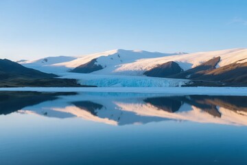 Snow-capped mountains and glacier reflected in calm lake under clear blue sky