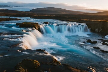 A wide river cascades over rocky formations into a turbulent pool, surrounded by rugged terrain under a soft golden sky at dusk.