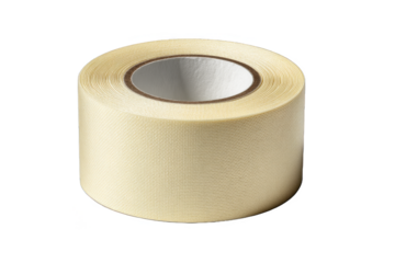 Roll of beige adhesive tape on a clear background for use in crafts, repairs, and office tasks at various locations and times