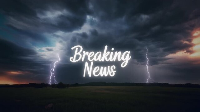 Breaking News text with lightning strikes over a stormy field at sunset creates a dramatic announcement