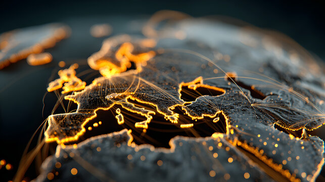 Locations marked with pins on world map, global communication network, closeup - Powered by Adobe