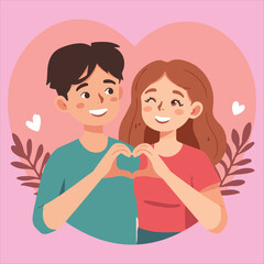 Happy Couple Making Heart Shape Vector Illustration,Cute Romantic Couple Smiling Together Art,Love and Happiness Flat Vector Design,Young Couple Making Heart Gesture Illustration,Cheerf.