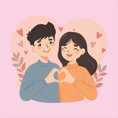 Happy Couple Making Heart Shape Vector Illustration,Cute Romantic Couple Smiling Together Art,Love and Happiness Flat Vector Design,Young Couple Making Heart Gesture Illustration,Cheerf.
