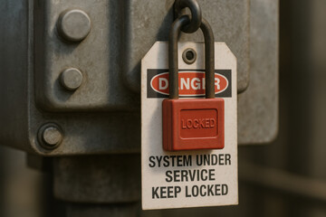 Cautionary macro shot of red LOTO padlock on warning tag. tag reads DANGER SYSTEM UNDER SERVICE KEEP LOCKED on industrial steel equipment, emphasizing safety procedures