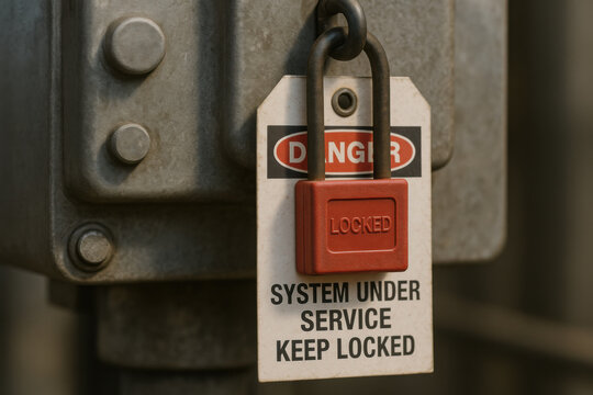 Cautionary macro shot of red LOTO padlock on warning tag. tag reads DANGER SYSTEM UNDER SERVICE KEEP LOCKED on industrial steel equipment, emphasizing safety procedures