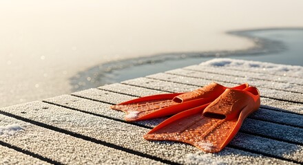 Bright orange swim fins resting on a frosty wooden dock next to an icy lake on a sunny winter morning for ice swimming championship concept and cold therapy