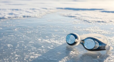 Swimming goggles placed on a frozen lake surface with water drops for ice swimming championship concept and winter endurance sport