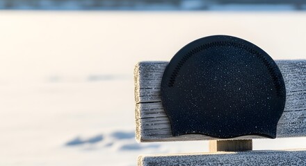 Thermal swim cap resting on a frosted wooden bench in a serene winter landscape for ice swimming championship concept and cold exposure preparation