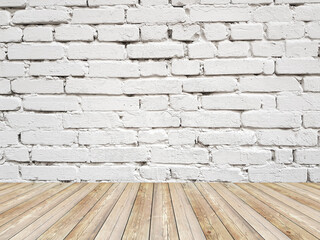 Interior room with brick wall and wooden floor.