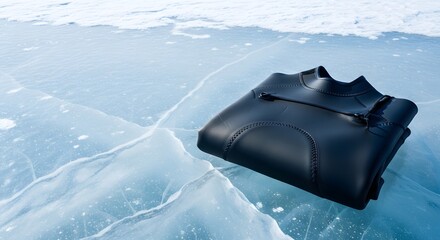 Folded black wetsuit resting on shimmering cracked ice for an ice swimming championship preparation concept and extreme endurance