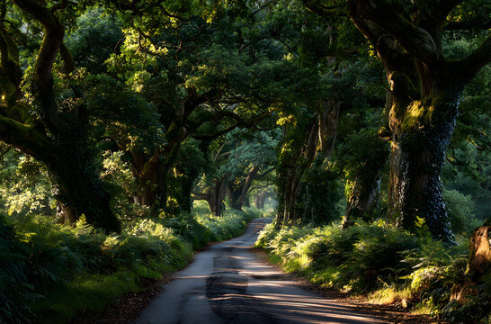 Halnaker tree tunnel in West Sussex UK with sunlight shining in. This is an ancient road which follows the route of Stane Street, the old London to Chichester road.