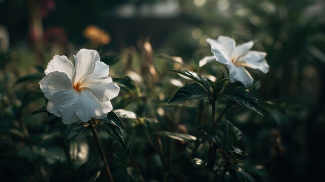 Elegant white exacum affine blossoms against a moody botanical background