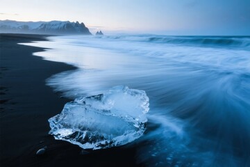 A large piece of ice rests on a black sand beach with waves flowing in the background under a twilight sky.