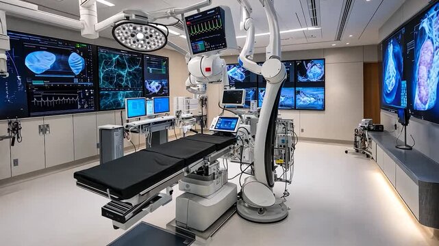 Modern surgical suite with numerous monitors and advanced medical equipment