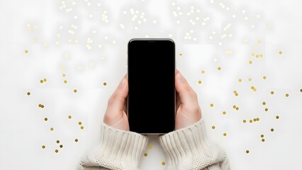 Hands holding a modern smartphone displaying a black screen surrounded by golden confetti, perfect for New Year's celebrations or festive event announcements