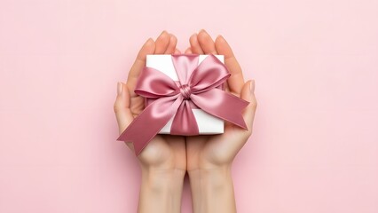 Hands gently holding a beautifully wrapped gift box with a satin pink bow, symbolizing appreciation and surprise against a soft pastel background