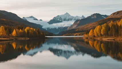 Fototapeta premium Serene mountain lake reflecting autumn trees and snow-capped peaks