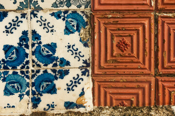 Close-up detail of traditional Portuguese tiles (azulejos) in Porto