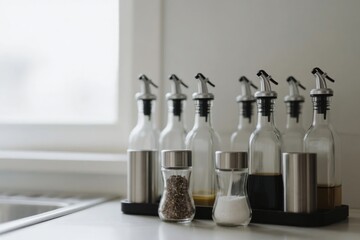 Glass spice bottles and condiment dispensers arranged on a kitchen countertop near a window