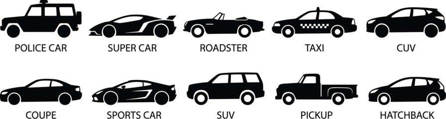 Car silhouettes, vehicle types, police car, supercar, roadster, taxi, SUV, pickup, hatchback, coupe, sports car  © Joyaber's World
