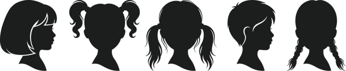 Children hairstyle silhouette, black profile vector, diverse kids haircut, artistic head shapes, isolated design, educational, multicultural, graphic illustration