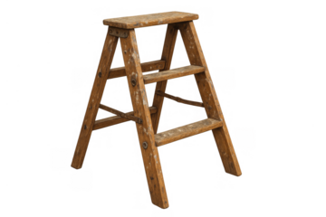 Wooden stepladder standing, old rustic folding stool equipment for home renovations and repairs, isolated vintage prop