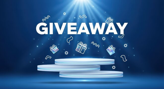 Giveaway promotion banner with white tiered podium and gift icons on blue background