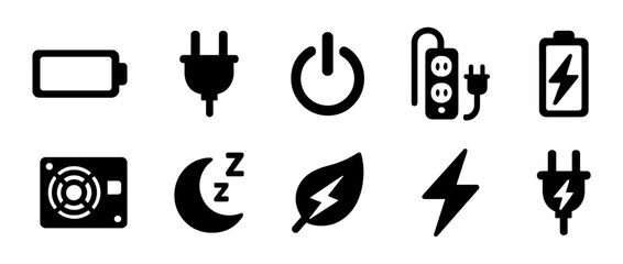 Power and energy solid icons set with battery, plug, power button, power strip, green leaf and lightning bolt