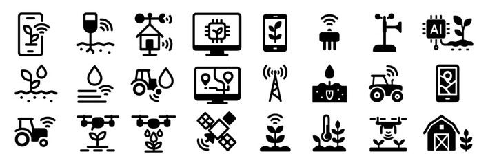 Smart farming and IoT agriculture solid icons set with sensors, smartphone, tractor, drone, satellite and cloud plants