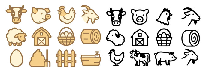 Farm animals and agriculture icons set with cow, pig, goat, sheep, barn, hay bale, eggs, fence and trough in outline style