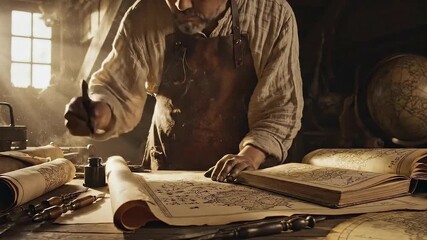 4K Man Using Quill Writing Ancient Text in a Historical Workshop