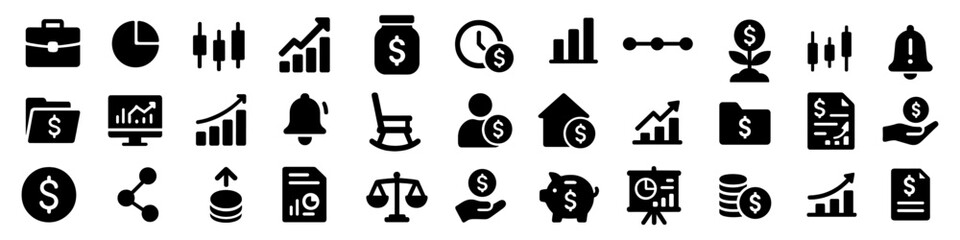 Finance and investment solid icons set with briefcase, pie chart, candlesticks, reports, piggy bank, scales and dollar coin