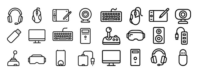 Computer peripherals outline icons set with headset, mouse, graphic tablet, webcam, joystick, speakers and USB hub