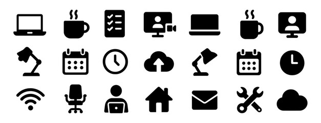 Remote work and home office solid icons set with laptop, coffee cup, checklist, video call, calendar, clock and chair