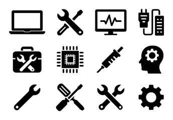 Computer service and repair solid icons set with laptop, tools, diagnostics monitor, power supply and technician head