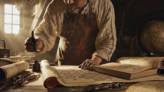 4K Man Using Quill Writing Ancient Text in a Historical Workshop