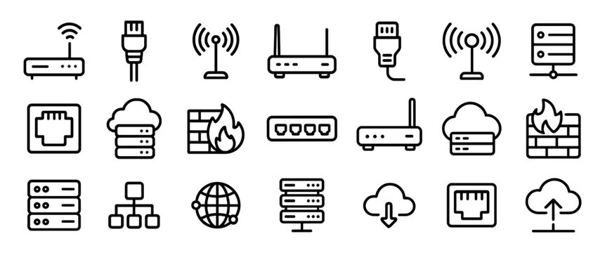 Network hardware outline icons set with router, antenna, ethernet port, firewall, switch and cloud server