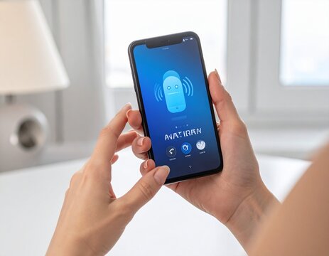 Eine Frau h&auml;lt ein Smartphone, auf dessen Bildschirm das Symbol eines Sprachassistenten angezeigt wird