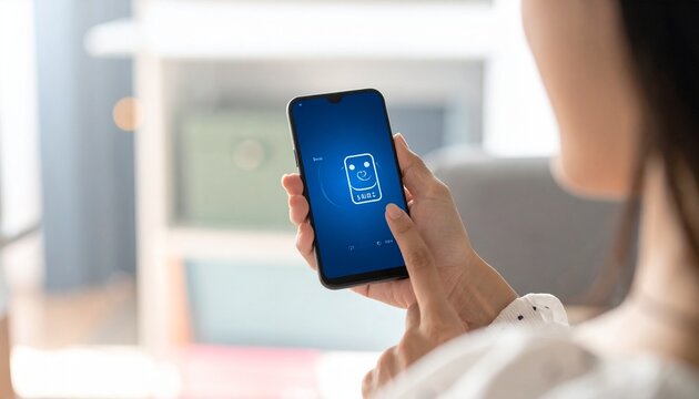 Eine Frau h&auml;lt ein Smartphone, auf dessen Bildschirm das Symbol eines Sprachassistenten angezeigt wird