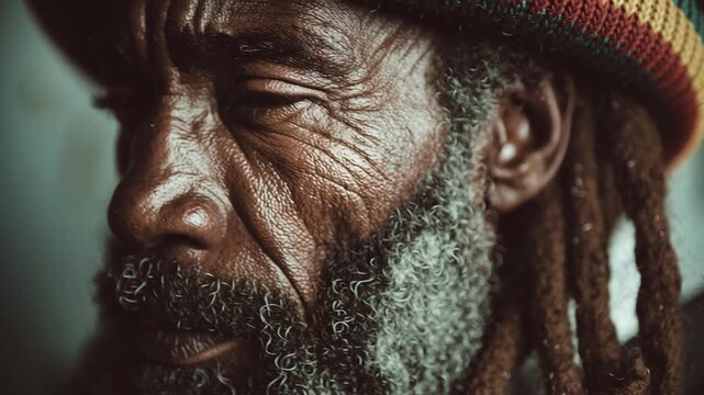 Intimate portrait of a thoughtful black man with dreadlocks and vibrant hat