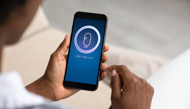 Eine Frau h&auml;lt ein Smartphone, auf dessen Bildschirm das Symbol eines Sprachassistenten angezeigt wird