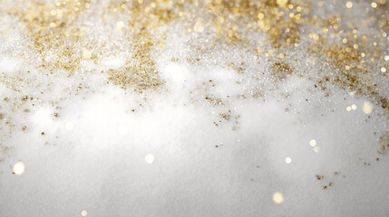 Close up of gold glitter scattered on a white surface with bokeh lights