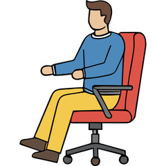 Man in Blue Sweater and Yellow Pants Sitting in Red Office Chair with Black Background and Neutral Expression
