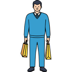 Man in Blue Sweater and Pants Holding Shopping Bags with Yellow Accents and Detailed Collar Standing Against Black Background
