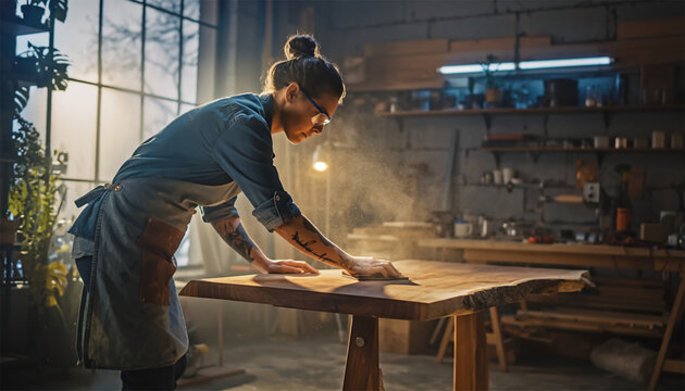 Female woodworker sanding wooden table surface in modern workshop with natural light