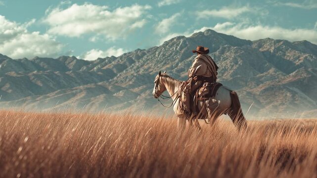 Equestrian journey: Cowboy riding horse through golden field with mountain backdrop