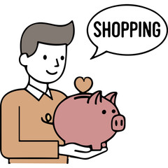 Man Holding Piggy Bank with Shopping Speech Bubble and Heart Decoration