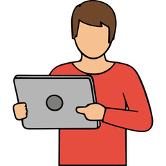 Man in Red Long Sleeve Shirt Holding a Silver Tablet Computer and Touching the Screen on a Black Background